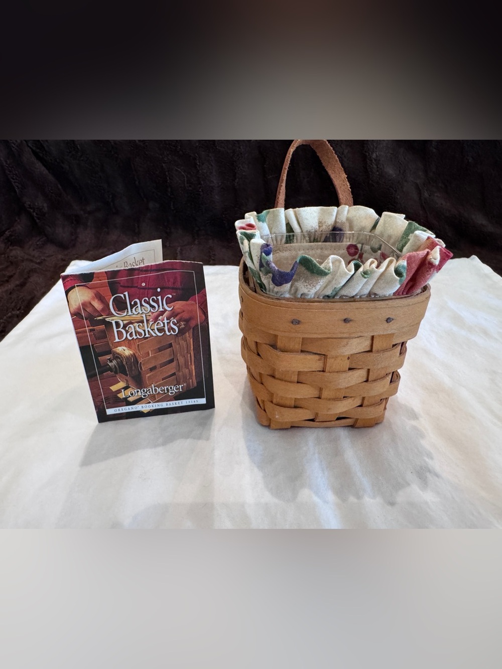 Longaberger Brown Woven Basket with Floral Ruffled Liner
